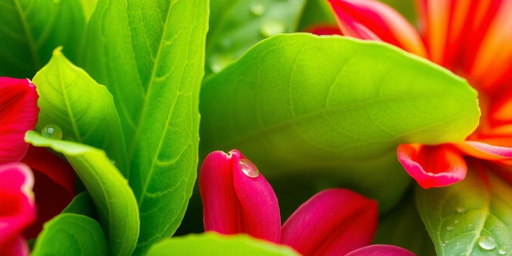 Close-up of vibrant, dew-kissed botanical leaves and flowers.