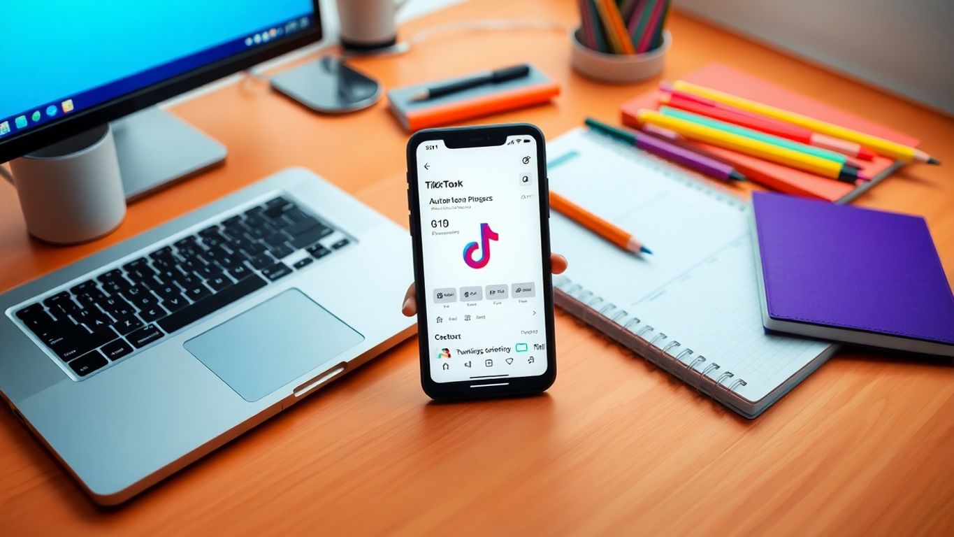 Smartphone showing TikTok app on a desk setup.