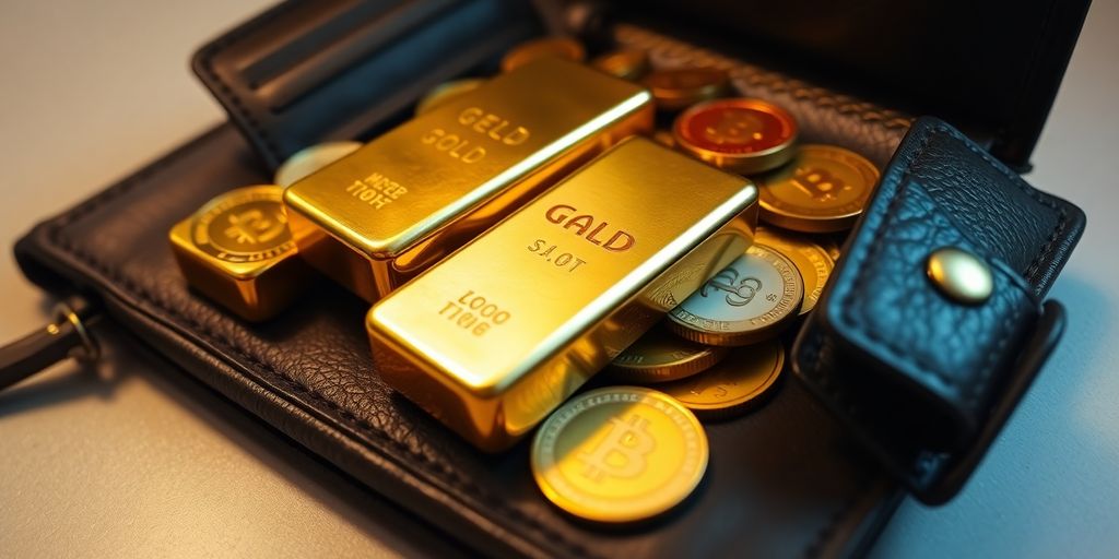 Lingots d'or et pièces dans portefeuille