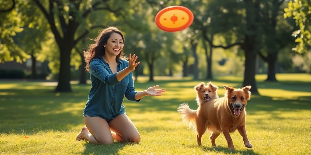 Woman playing with a dog in a sunny park.