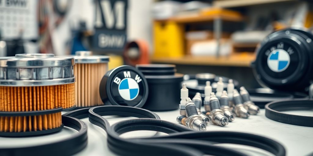 BMW engine parts on a clean workbench.