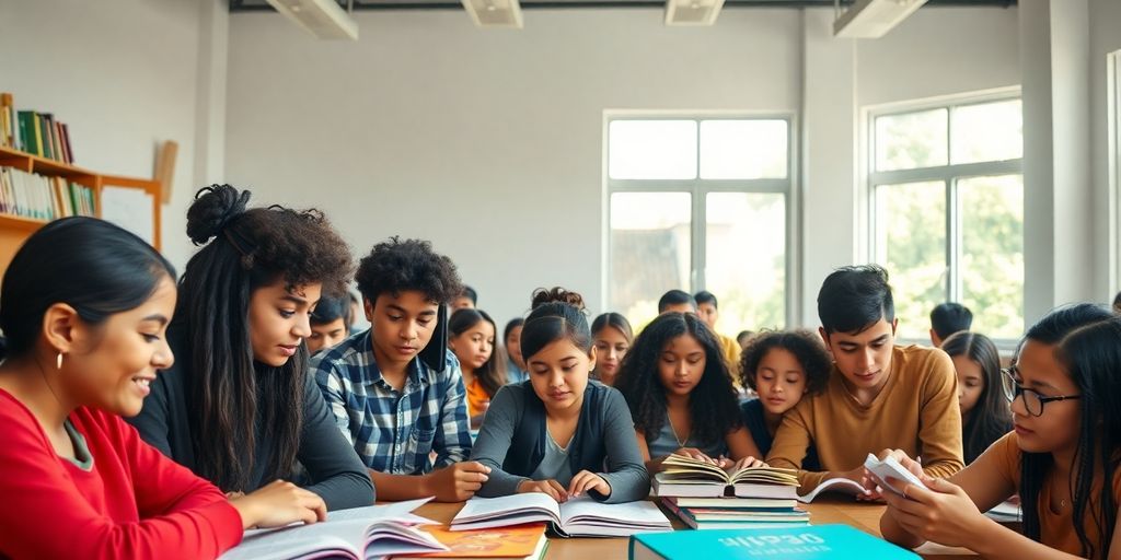 Diverse students studying in a bright classroom atmosphere.