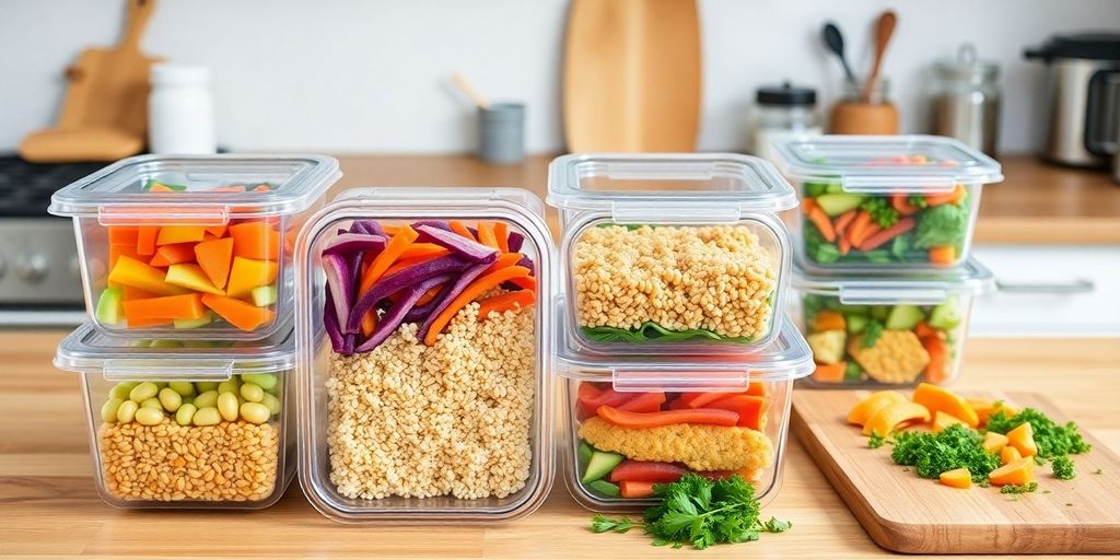 Colorful meal prep containers on a kitchen countertop.
