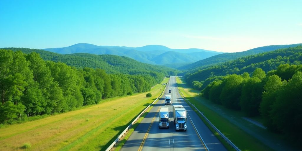 Scenic U.S. Route 501 with trucks and green landscapes.