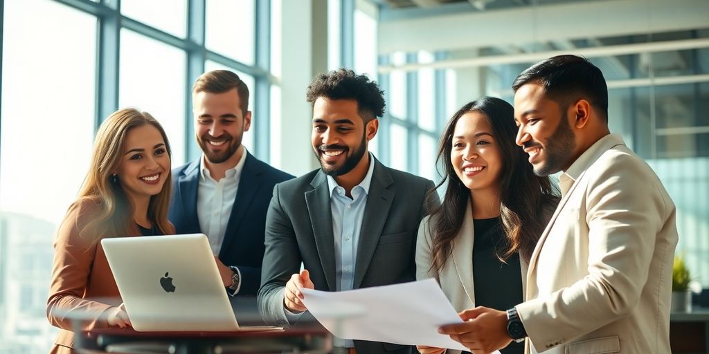 Bright light over diverse business people.