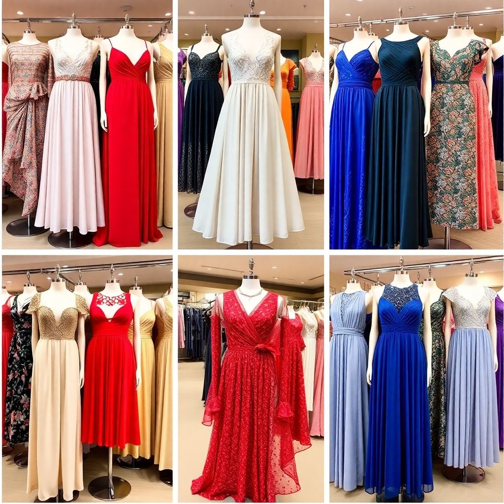 Elegant dress outfits displayed in a stylish boutique.