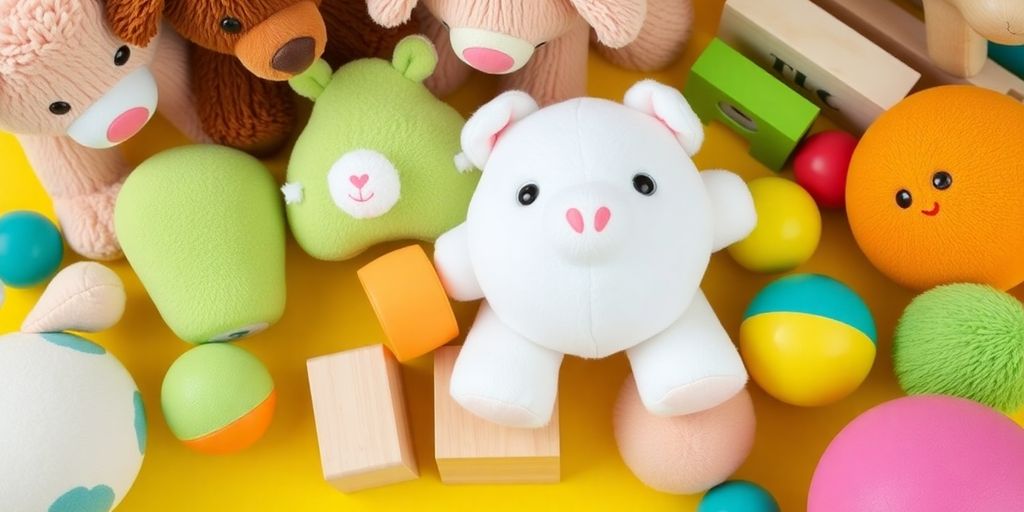 Bunte, sichere Kinderspielzeuge auf einem fröhlichen Hintergrund.