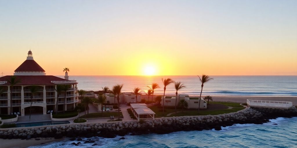 Villa La Valencia beachfront view with palm trees and ocean.