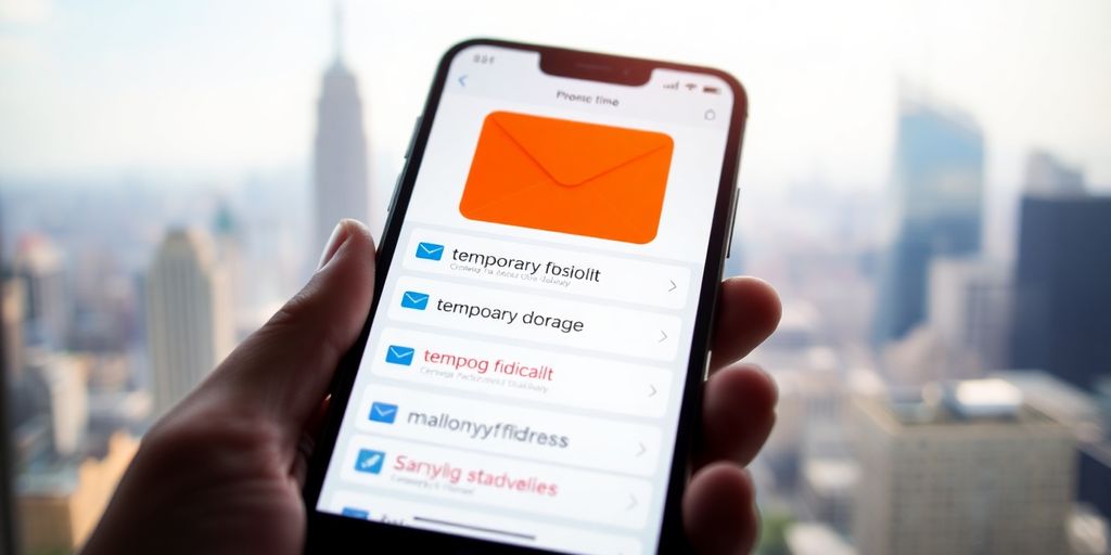 Smartphone with temporary email interface on a blurred background.