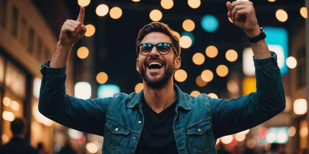 Marketer celebrating a viral post with joy.