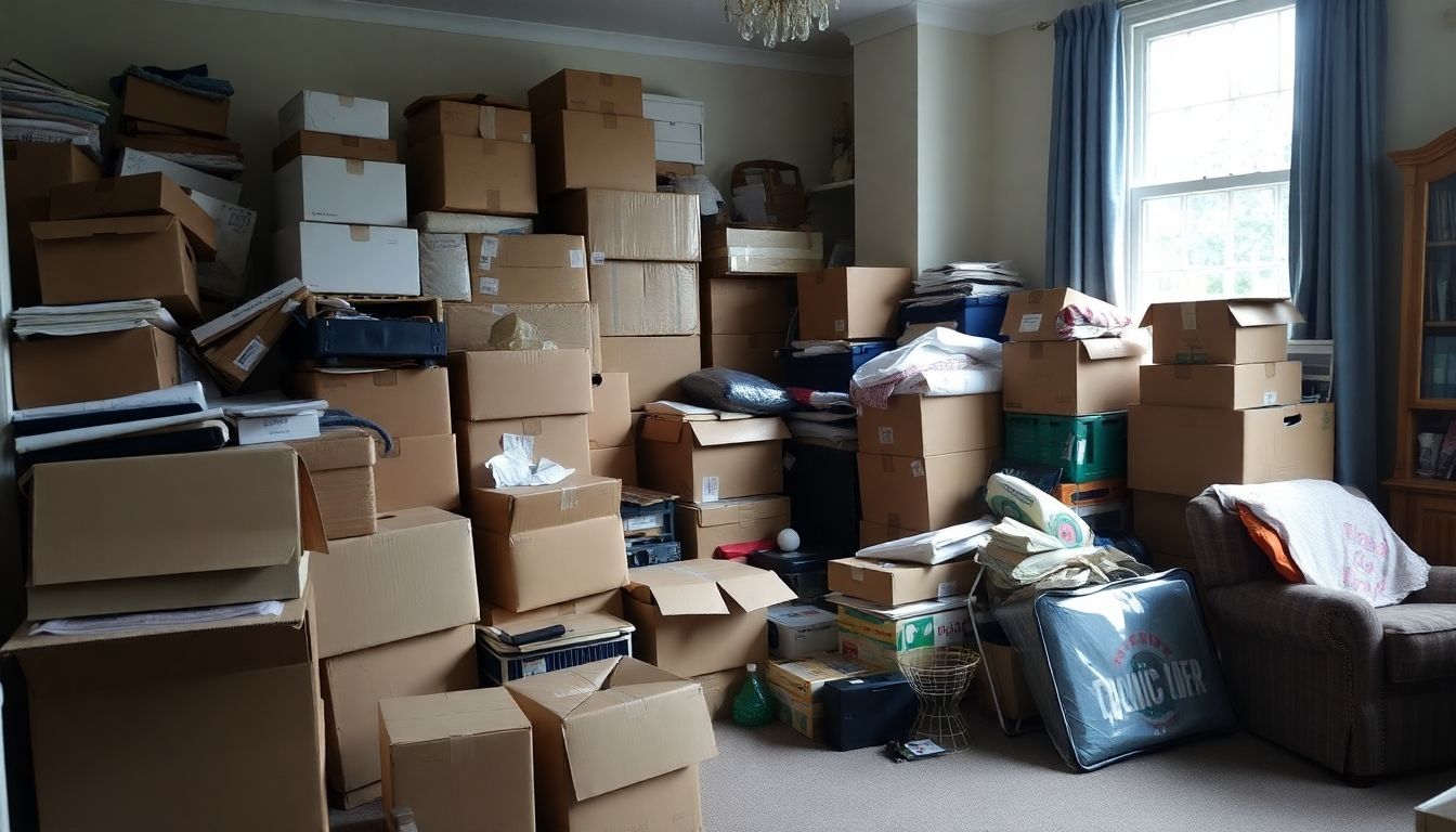 Cluttered room with boxes and furniture for clearance.