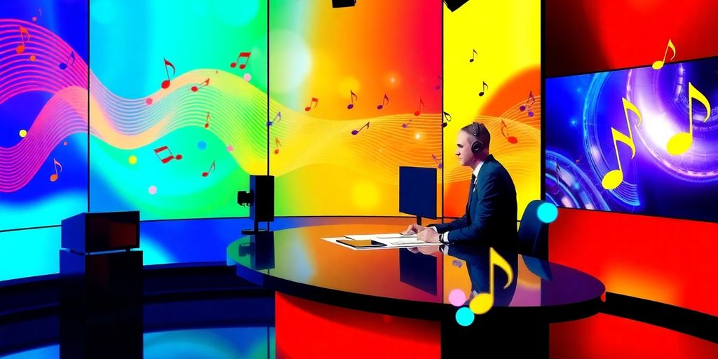 News anchor with music notes around the broadcast studio.