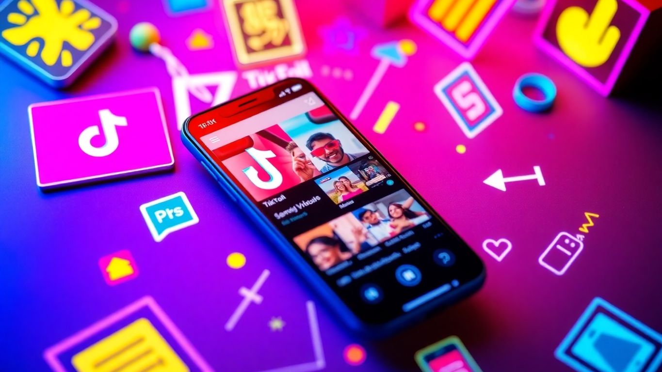 Smartphone displaying TikTok interface with colorful graphics.