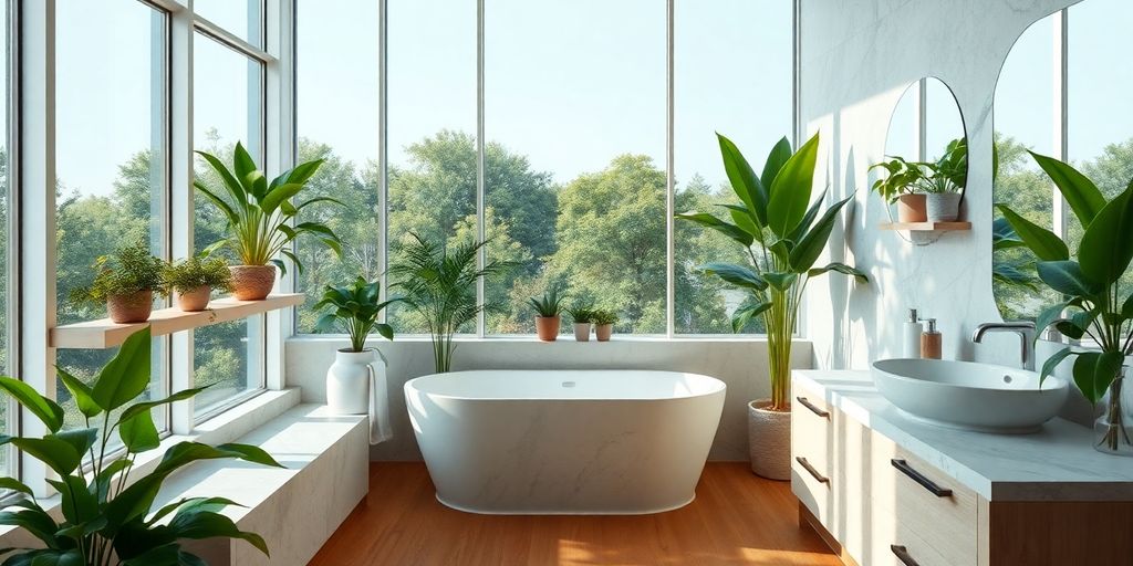 Modern bathroom with natural light and green plants.