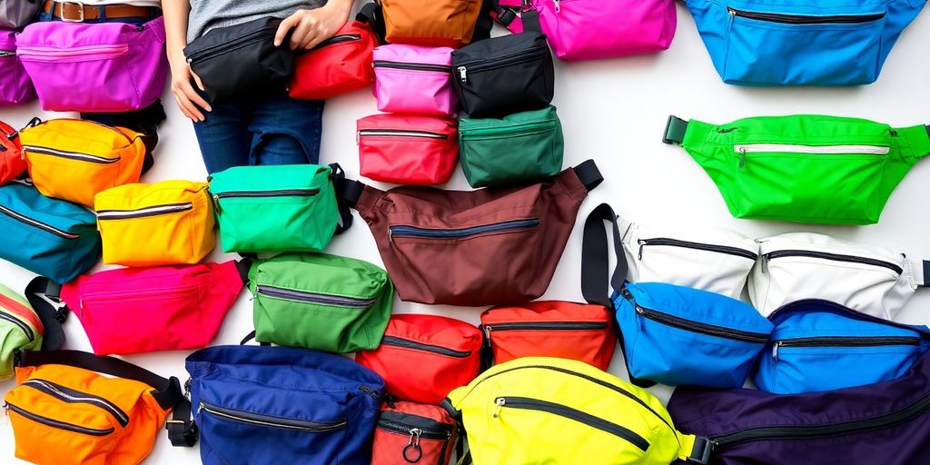 Plusieurs sacs banane de différentes tailles et couleurs.