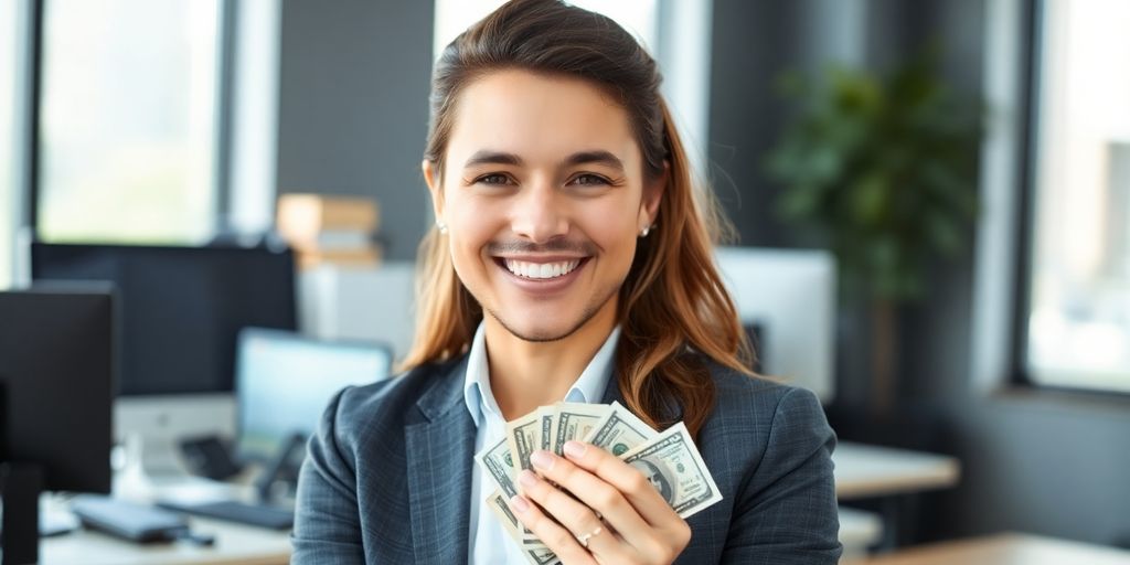Agent smiling, holding money, office background.