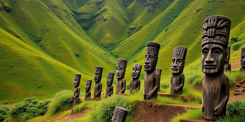 Ancient stone tiki statues stand against lush green volcanic mountains.