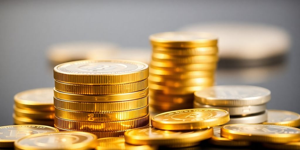 Pièces d'or et d'argent brillantes empilées sur une surface.