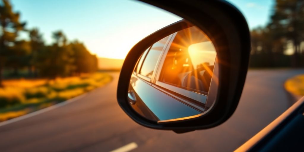 Car side mirror reflecting a scenic road and trees.