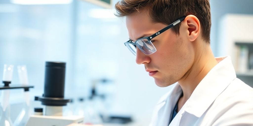 A scientist working in a bright, modern lab.