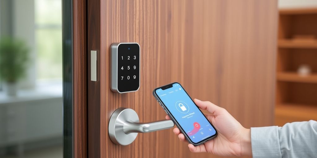 Smart digital door lock on wooden door