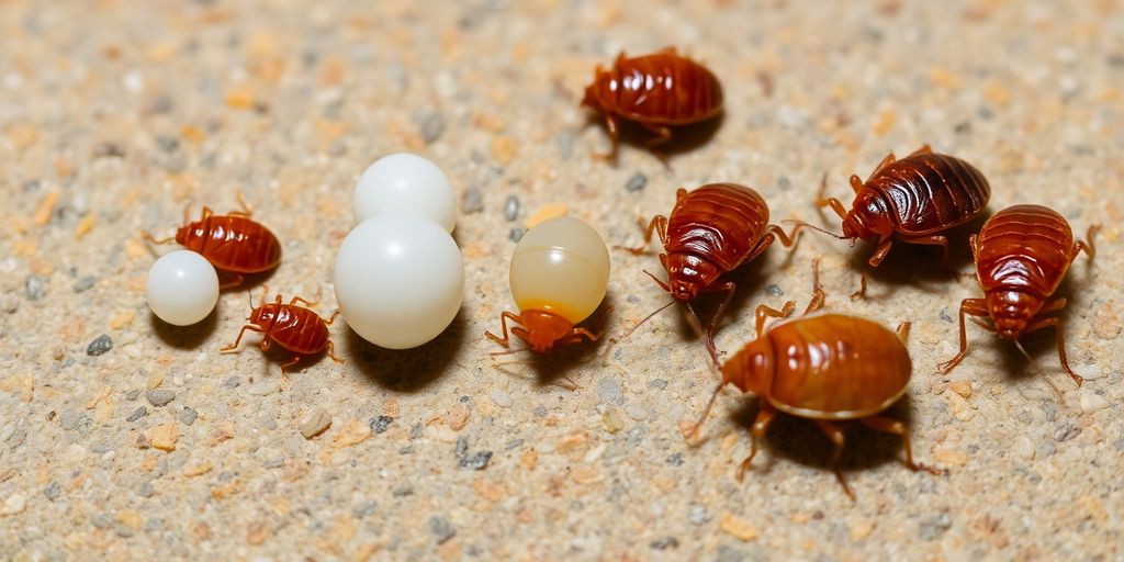 Close-up of bed bugs in different life stages.