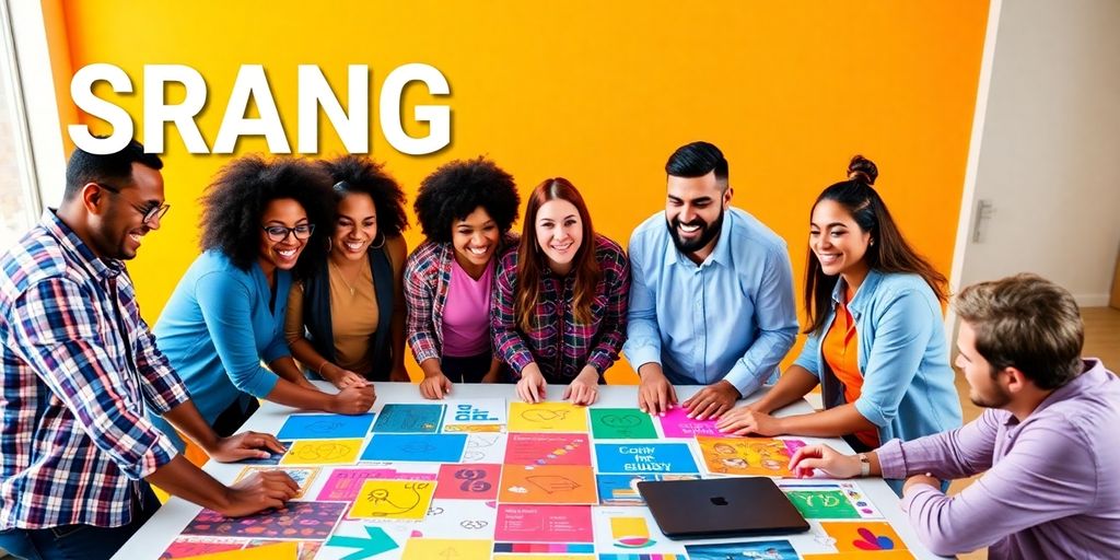Diverse team collaborating on creative brand-building strategies.