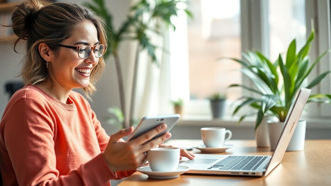 Business owner with phone and laptop in sunny workspace