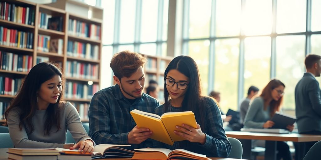 University students studying in a campus library.