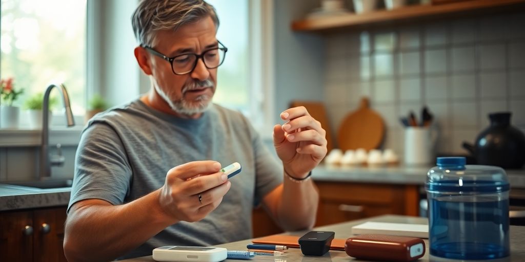 A person testing blood sugar in a kitchen setting.