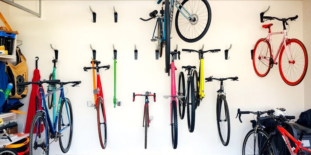 Colorful bikes organized on hooks in a garage.