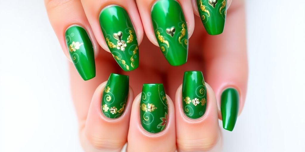 Decorated green nails with colorful designs and accents.