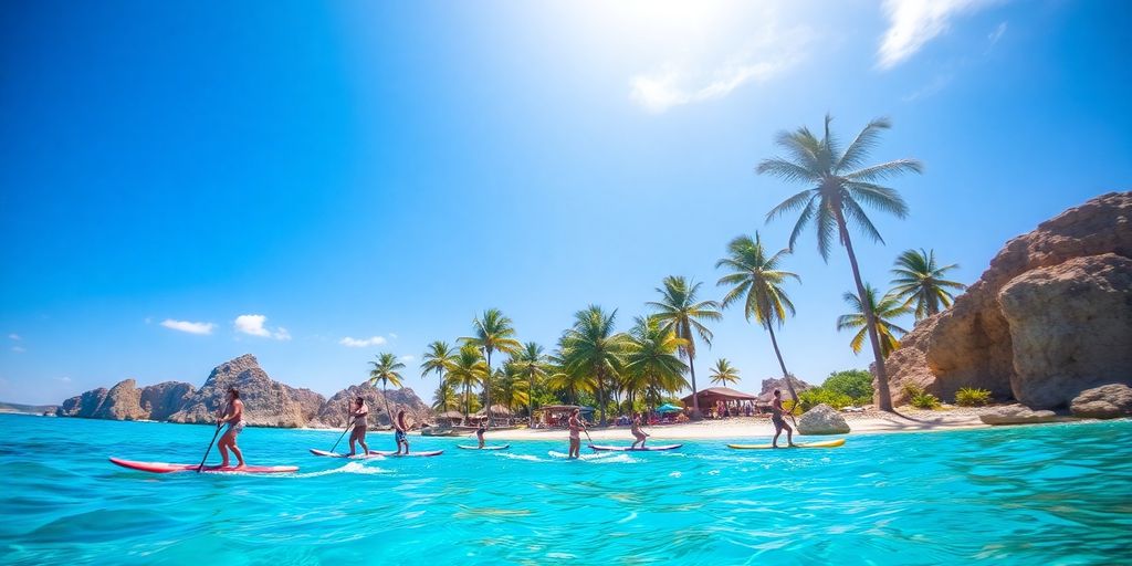 People paddleboarding, clear blue ocean, sunny Cabo beach