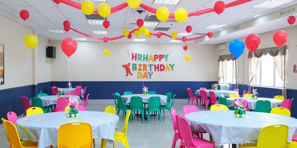 Decorated birthday party venue with balloons and cheerful seating.