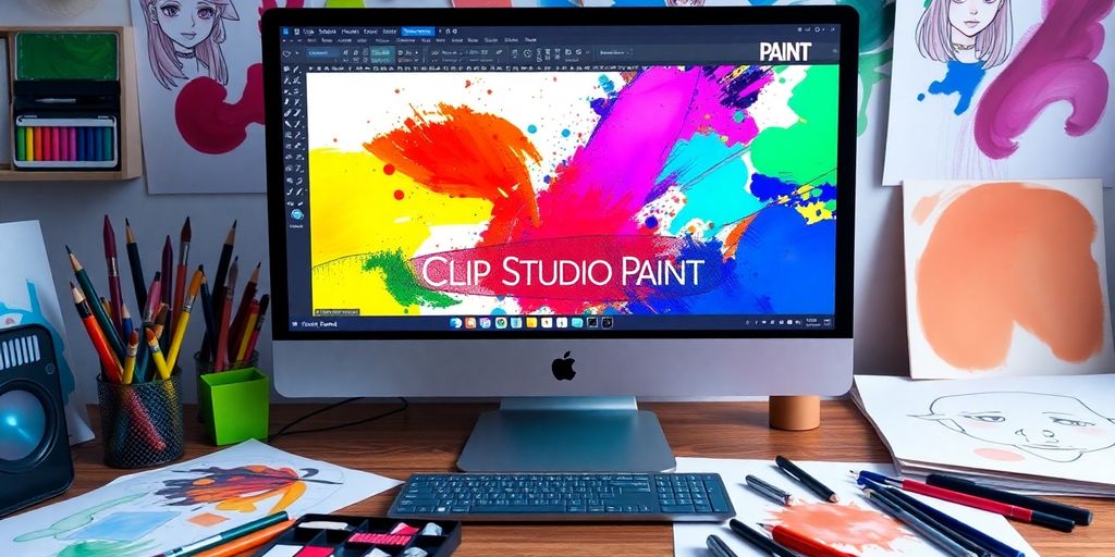 A computer screen displaying Clip Studio Paint with art tools.