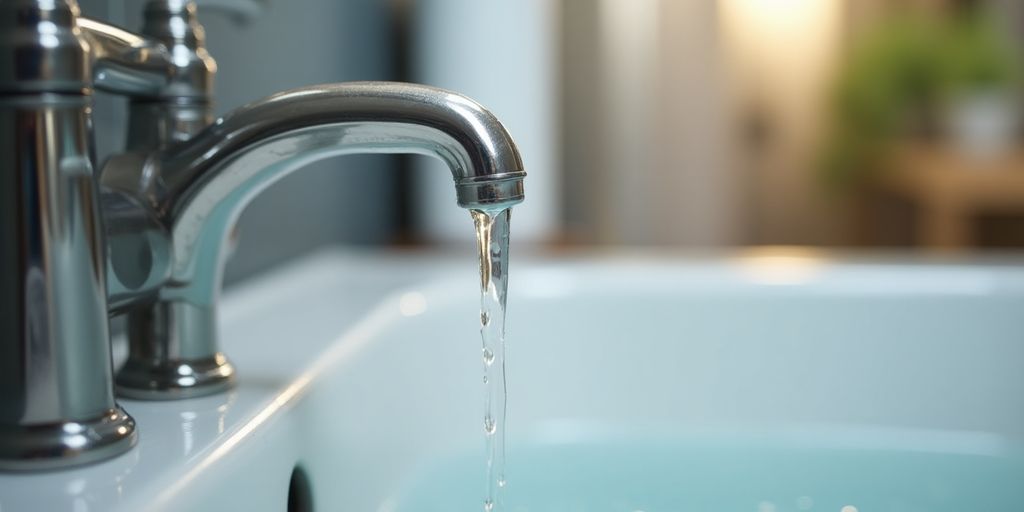 Dripping faucet with water splashing into a sink.