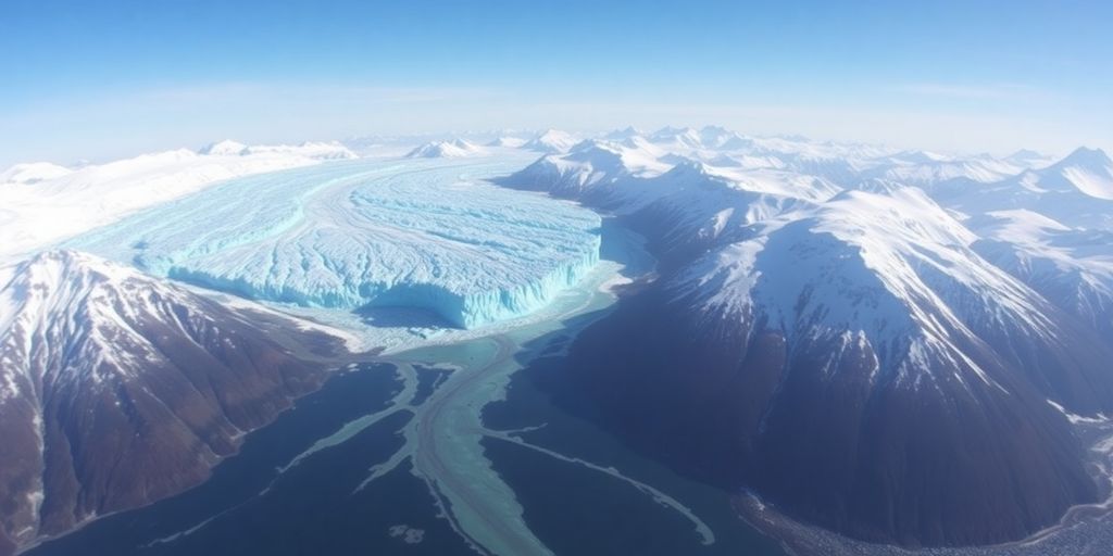 A helicopter flying over a vast Alaskan glacier and mountains.
