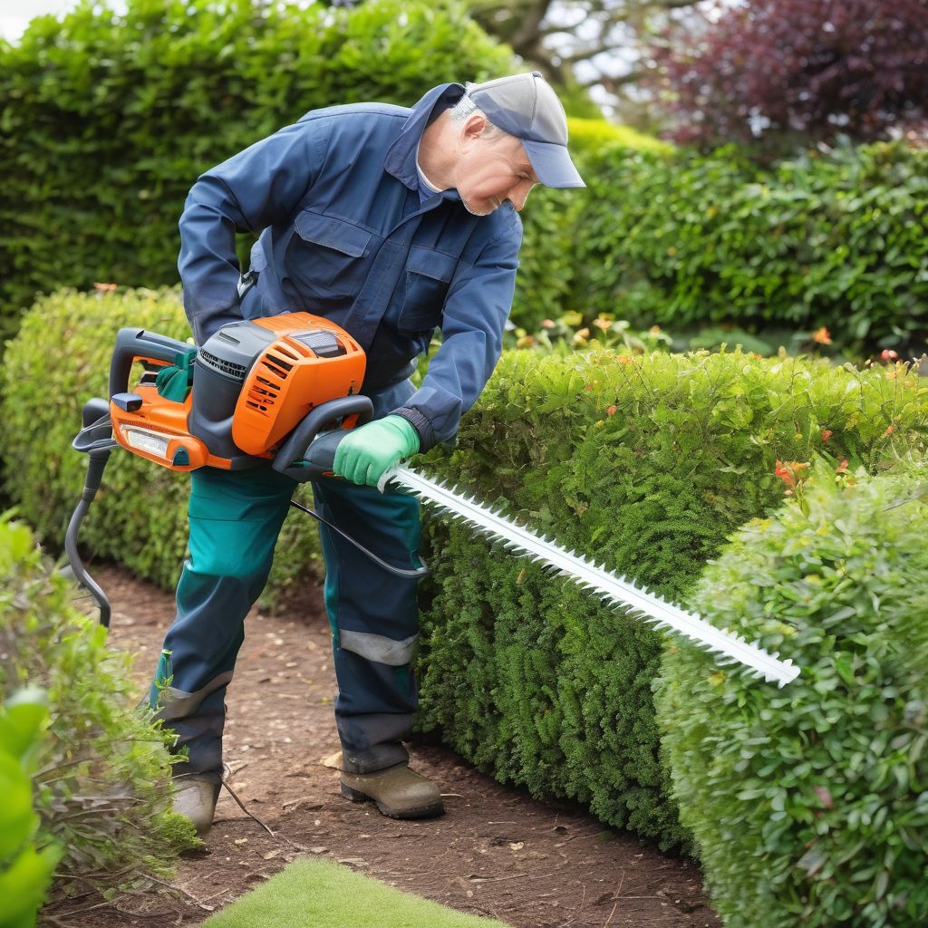 gardener using hedge trimmer with safety gear in a garden, emergency preparedness