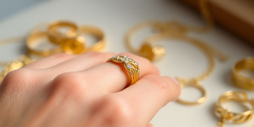 Une main tenant une bague en or étincelante.