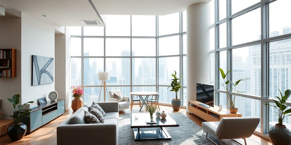 Light-filled modern apartment in Hong Kong with stylish decor.