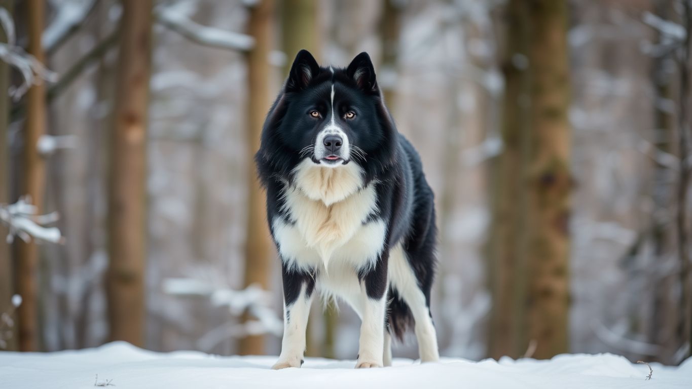 Karelian Bear Dog in snowy forest setting.