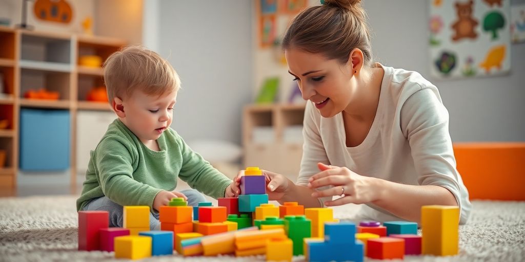 Child, parent, therapist, colorful blocks, warm light.