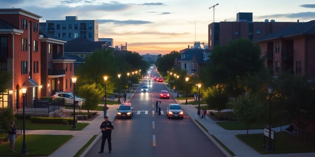 Vibrant cityscape depicting a safe urban environment at dusk.