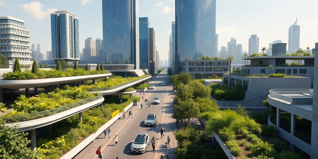 Modern city skyline with green spaces.