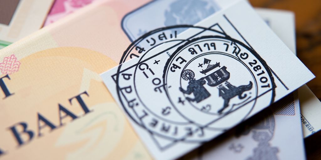 Thai Baht currency notes and a stamp.