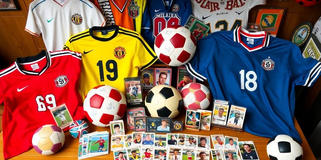 A colorful display of soccer collectibles on a table.