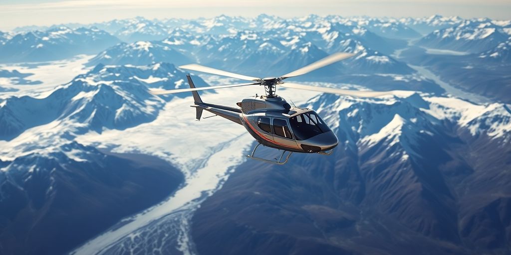 A modern MD500E helicopter flies over a majestic Alaskan glacier.