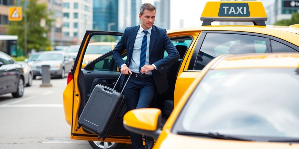 Business traveler entering a yellow cab in the city.