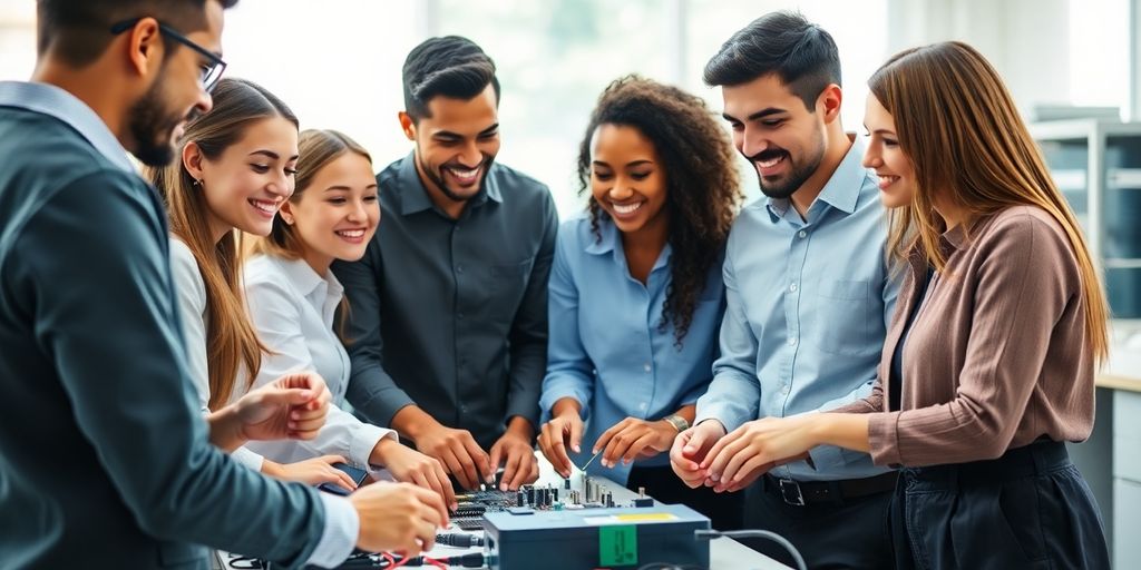 Jovem feliz em ambiente de trabalho qualificado.