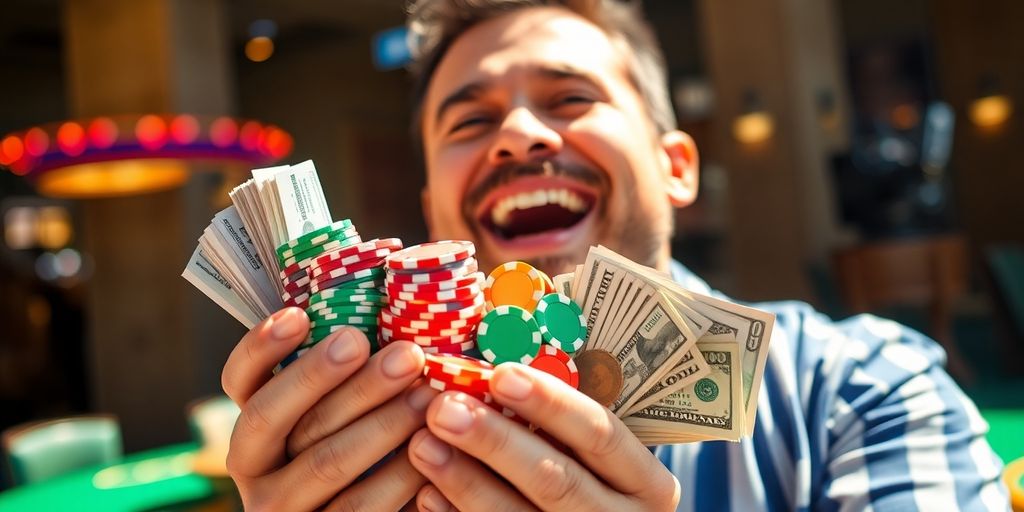 Man smiling, holding casino chips and money.